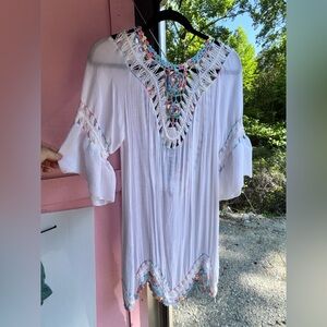 FAVLUX White Crochet Tunic with Multicolor Pastel crochet Accents NWT size small